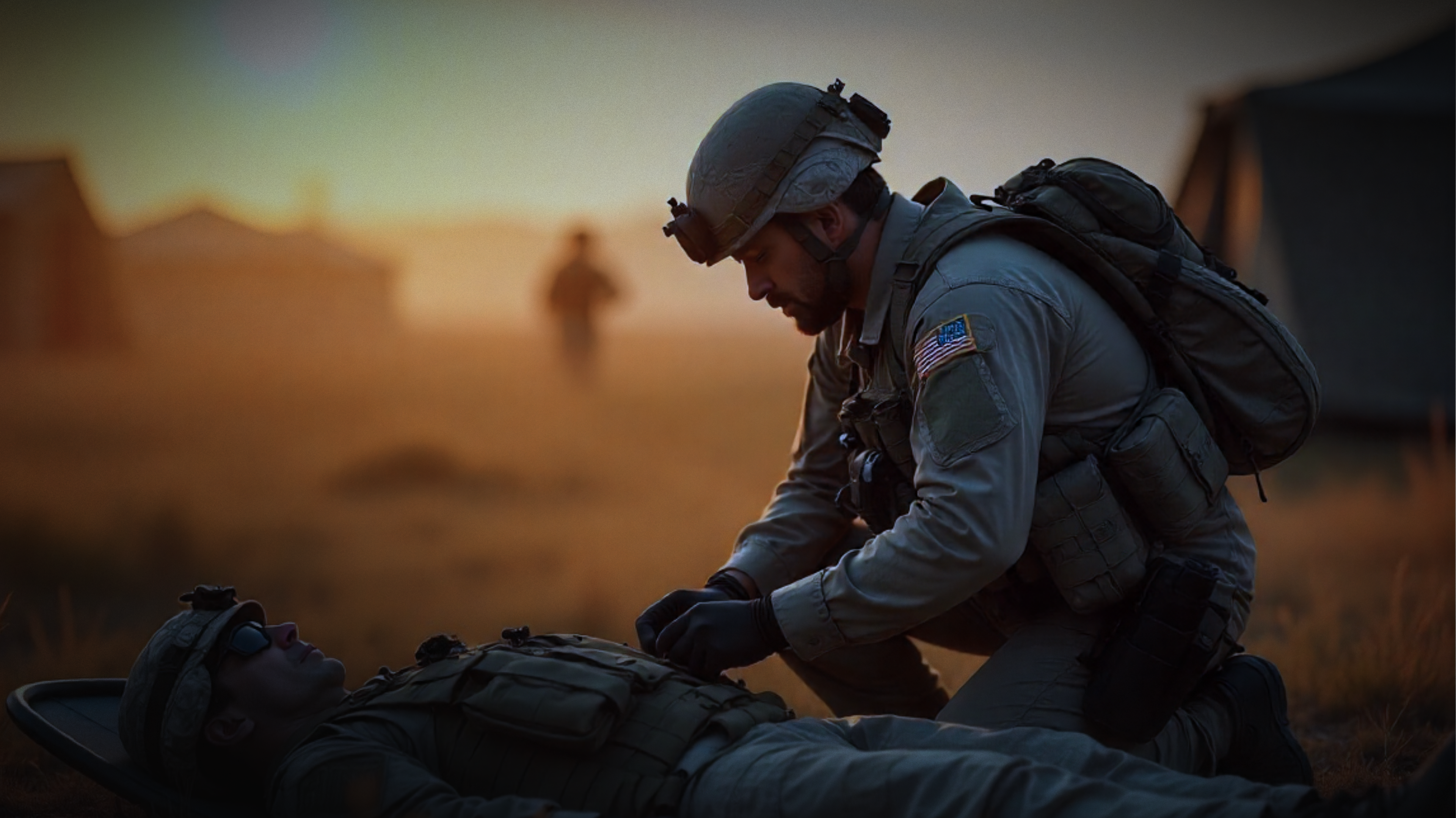 Soldier in military gear attending to a fallen comrade